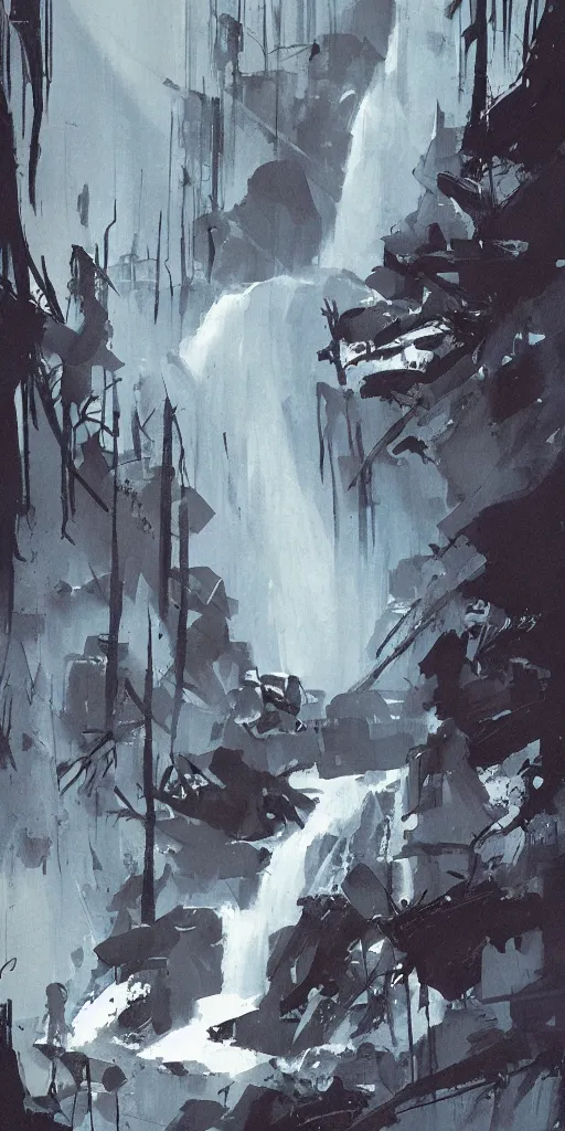 Prompt: eerie waterfall, ashley wood illustration