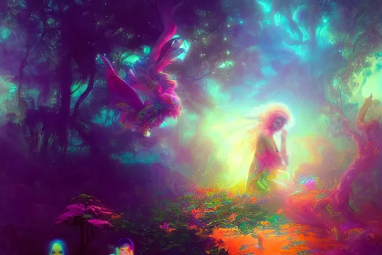 Image similar to a psychedelic realm hidden away in a pocket of ethereal understanding | astral beings sharing love greg rutkowski wlop lisa frank bob ross | ruan jia | illustration