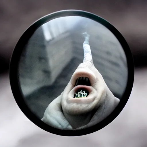 Image similar to voldemort smoking a cigarette fisheye lens