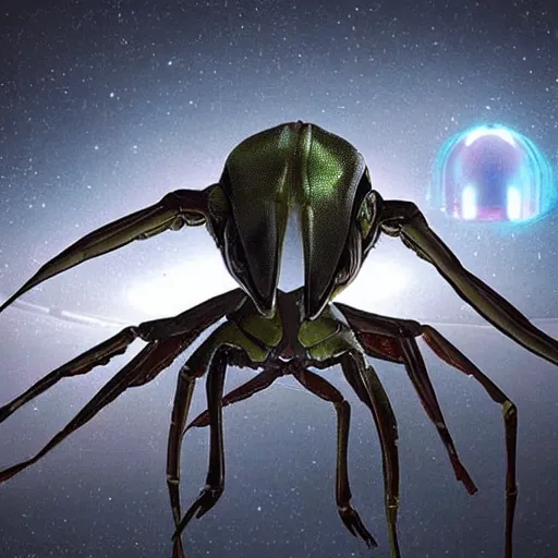 Prompt: “ humanoid mantis alien on spacecraft, eerie, realistic detailed ”