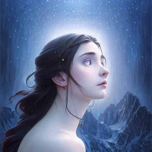 Prompt: eyes, long, sad, unblinking, soulful eyes, blue, cold, crystal, tear - drop, frozen lake, mountain, sky, stars, clouds, sunset, beautiful, gentle, beauty, calm, tranquil, serene, deep, longing, art by artgerm and greg rutkowski and alphonse mucha