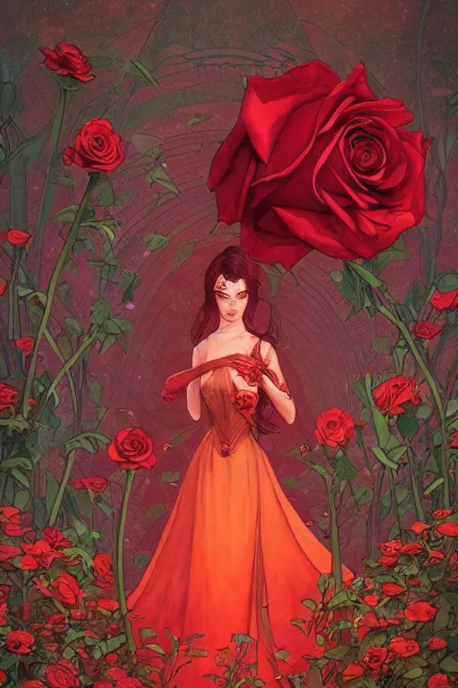 Image similar to Red Rose Garden, Art Nouveau Cosmic 4k Detailed Matte Illustration featured on Getty Images ,CGSociety, Jade and Carrot orange color scheme, Pastiche by Marc Simonetti, Pastiche by Cedric Peyravernay