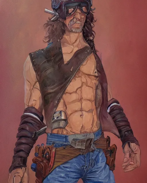 Prompt: a oil / watercolor painting full body character portrait of a sixgun salvager in the style of moebius in the style of leonard boyarsky trending on artstation deviantart pinterest detailed realistic hd 8 k high resolution