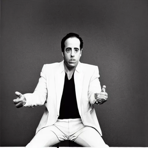 Image similar to Jerry Seinfeld wearing a leather outfit, portrait, are bure boke, by Annie Liebovitz, Daido Moriyama, Richard Avedon