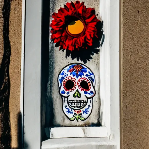 Prompt: photograph of a Dia de Los Muertos style skull on a windowsill, with the sun beaming in. The camera is below the skull, looking up to it