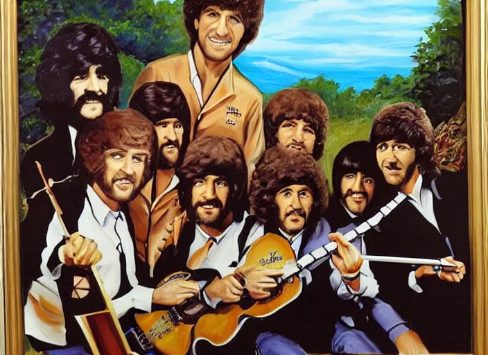 Prompt: bob ross painting a scene of the beatles and the beach boys having a battle of the bands in hades