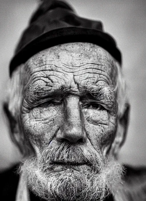 Image similar to A portrait photo of an old man with only one eye, high contrast, black and white