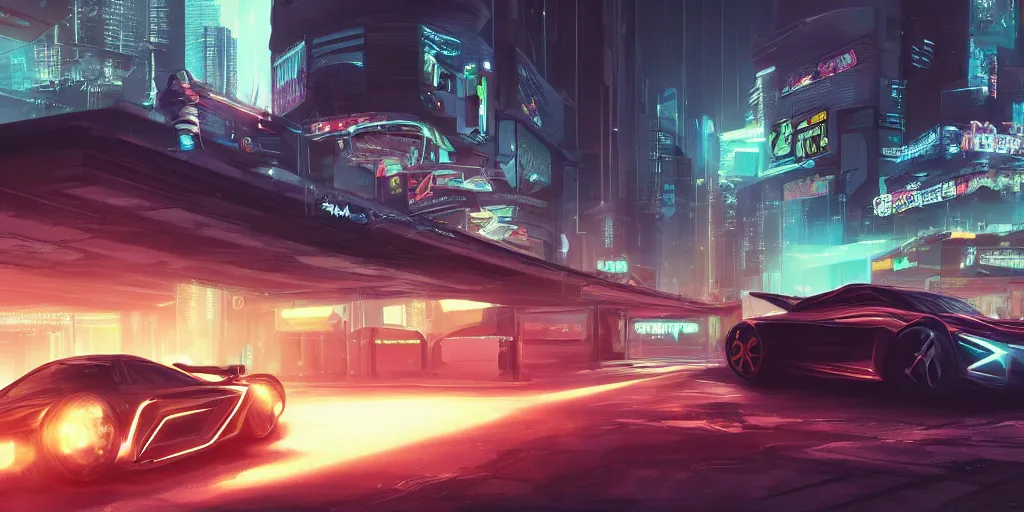 Prompt: a cinematic illustration of a futuristic cyberpunk super car