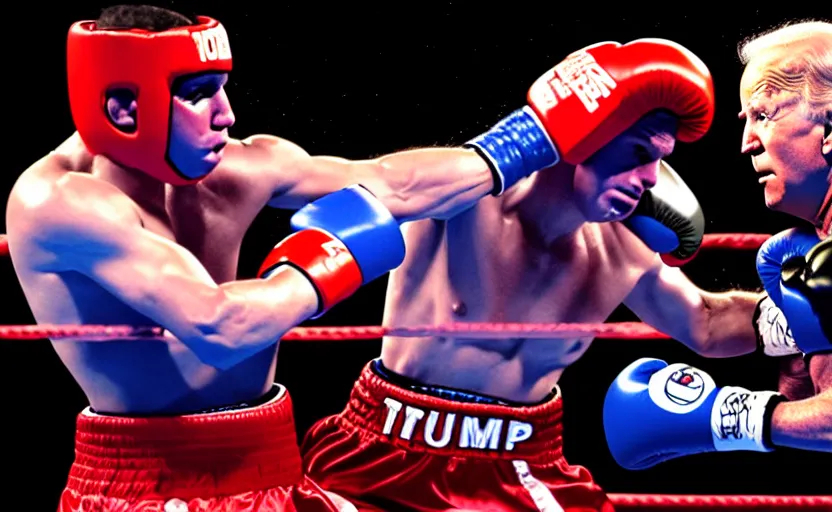 Image similar to boxing match between donald trump vs joe biden, stage lighting, political cartoon