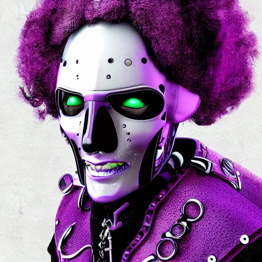 Prompt: a portrait photo of a futuristic sci - fi pirate, purple themed, robot pirate