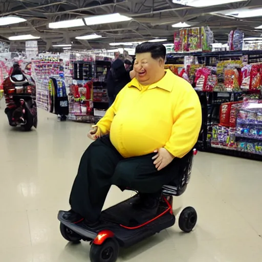 Prompt: morbidly obese xi jinping in a scooter shopping at wallmart