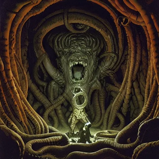 Image similar to encounter with medusa gorgon in a dungeon, d & d, fantasy, greg rutkowski, frank frazetta, alexandre chaudret, boris vallejo, michael whelan, miro petrov, hr giger, magali villeneuve, donato giancola