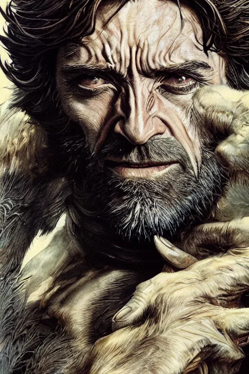 Image similar to hugh jackman as the wolfman, jean baptiste monge, alan lee, dan mumford, alex horley, cedric pavravernay, jc leyendecker, james jean, realistic painting, highly detailed