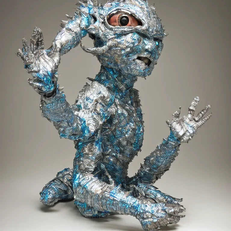 Prompt: hyperrealistic sculpture of a silver fossilized chibi ultraman kaiju dusted with opalescent blue spraypaint and ferns in a nylon grid cage on a pedestal by ron mueck and duane hanson and lee bontecou, hyperrealistic dramatic colored lighting trending on artstation 8 k
