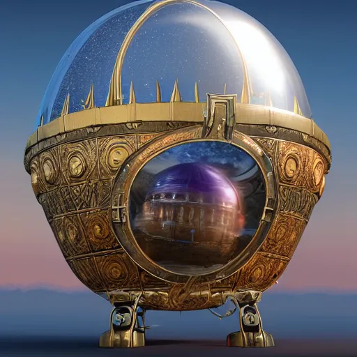 Prompt: enormous flying faberge egg containing a city, sky, steampunk, fantasy art, unreal engine,