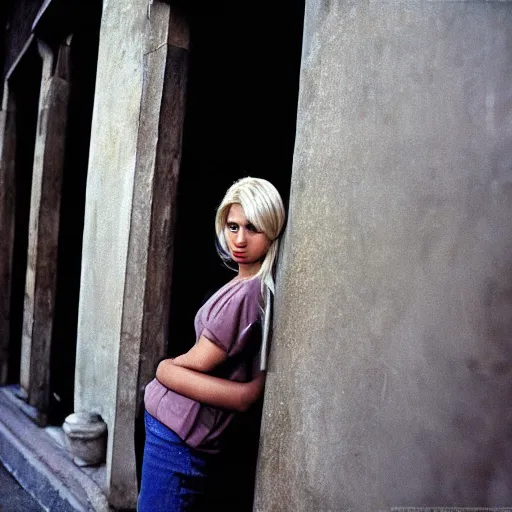 Prompt: photograph by steve mccurry of blonde female in her twenties wearing designer top