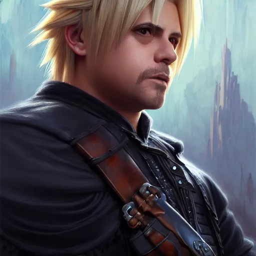 Image similar to Danny DeVito as Cloud Strife, western, D&D, fantasy, intricate, elegant, highly detailed, digital painting, artstation, concept art, matte, sharp focus, illustration, art by Artgerm and Greg Rutkowski and Alphonse Mucha