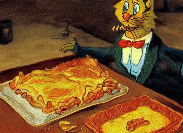 Image similar to detailed realistic realism painting of garfield eating lasagna at dusk, in the style of vincent van gogh and salvador dali and leonardo da vinci