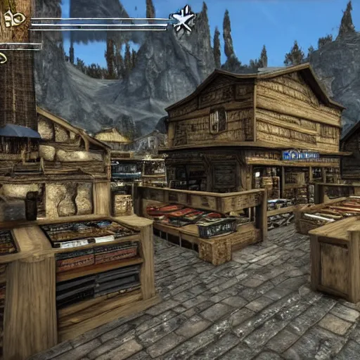 Image similar to iphone reseller store in the middle of whiterun, 3 dgc, wide shot, skyrim, oblivion, pc game, gameplay screenshot