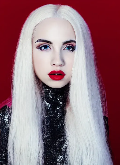 Image similar to ava max bright red hair photographed by charlotte rutherford, canon, highly realistic. high resolution. highly detailed. dramatic. 8 k. 4 k.