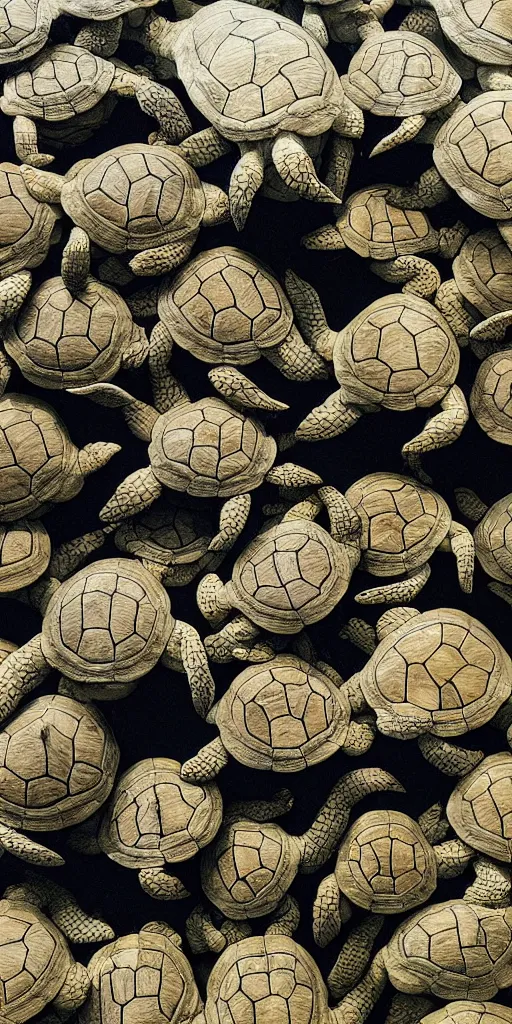 Image similar to a neverending stack of turtles, wide angle, dutch angle