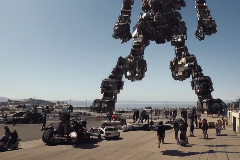 Image similar to cinematography of giant Mech on Santa Monica peer By Emmanuel Lubezki