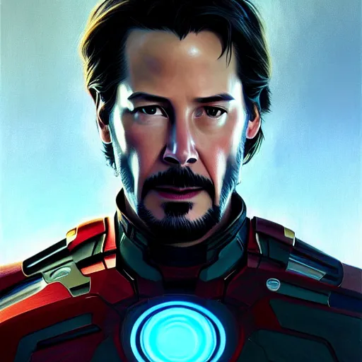 Image similar to handsome Keanu Reeves in Iron Man suit, western, closeup, D&D, fantasy, intricate, elegant, highly detailed, digital painting, artstation, concept art, matte, sharp focus, illustration, art by Artgerm and Greg Rutkowski and Alphonse Mucha