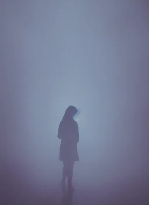 Image similar to a dark female silhouette, glowing translucent aura, fog, film grain