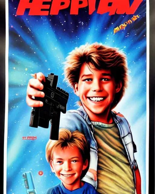 Image similar to 80s movie poster where a happy boy befriends a magic GLOCK 17, Drew Struzan