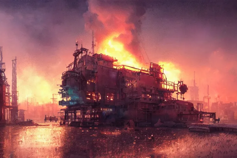 Image similar to a highly detailed matte painting of a soviet steampunk oil rig on fire at night by studio ghibli, makoto shinkai, by artgerm, by wlop, by greg rutkowski, volumetric lighting, octane render, 4 k resolution, trending on artstation, masterpiece