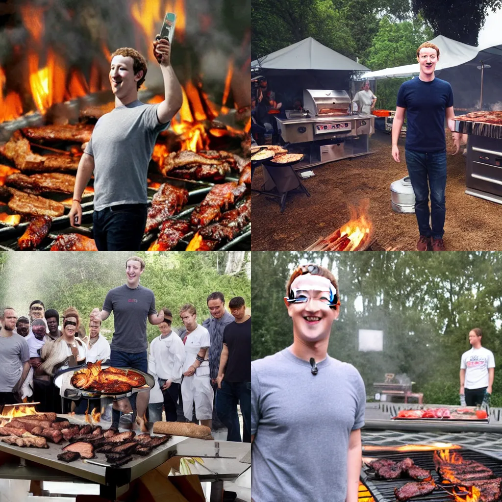 Prompt: mark zuckerberg, cooking bbq, standing on pile of corpses, h. r. geiger style