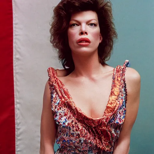 Image similar to 80s movie still close-up facing portrait of Mila Jovovich standing in a ceremony, by Irving Penn , Cinestill 800t 35mm , heavy grainy picture, very detailed, high quality, 4k, HD criterion, precise texture, with a large sovietic flag