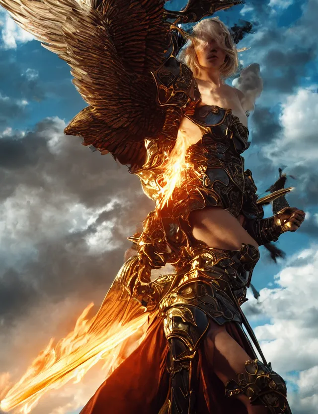 Prompt: Portrait of a photogenic beautiful woman in angelic battle armor and wings, wielding a flaming sword, among the clouds, golden hour photography, cinematic, epic, 4k, stylized, hyperrealism