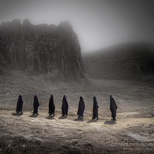 Prompt: A beautiful art installation of a coffin being carried by six men through an ethereal, otherworldly landscape. The coffin is adorned with a relief of a skull and crossbones, and the men are all wearing hooded cloaks. The landscape is eerie and foreboding, with jagged rocks and eerie, glowing plants. slow shutter speed by Jeffrey Smith haunting