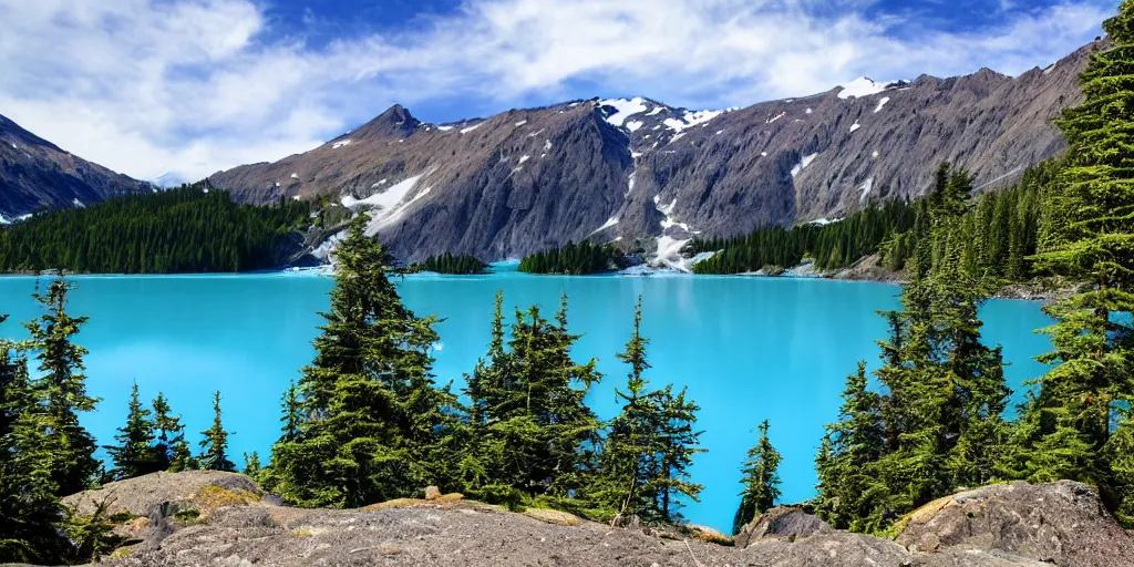 Prompt: glacial lake, blue water, washington state, many trees, high rocks