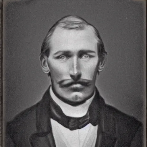 Image similar to A photograph portrait of Jerma985 with a pyramidal mustache in the early 1800s, taken in the early 1800s, 1840s, grainy, taken on a Field View Camera, realistic, hyperrealistic, very realistic, highly detailed, very detailed, extremely detailed, detailed, digital art, trending on artstation