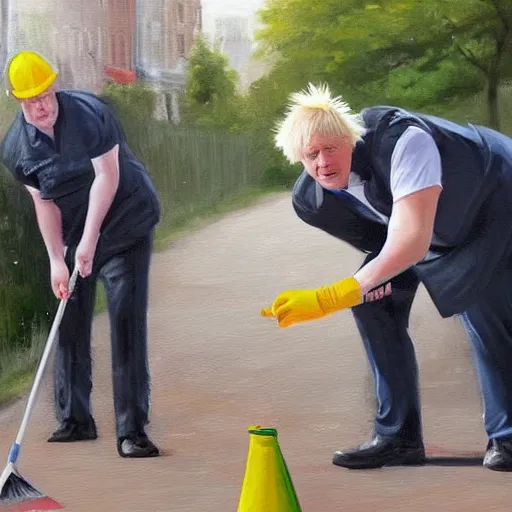 Prompt: A fine art painting of Boris Johnson doing community service in a high vis vest, he is picking litter on a British street