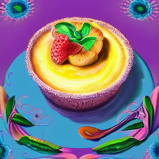 Prompt: banana creme brulee , a pastel by Lisa Frank, trending on cgsociety, rasquache, biomorphic, trypophobia, lovecraftian