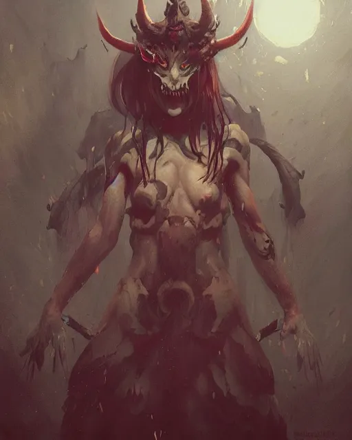 Image similar to a painting of a japanese demon by greg rutkowski, dark fantasy art, high detail, trending on artstation