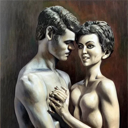 Image similar to perfectly centered symmetrical split male and female portrait of man and woman in love sharing one heart ; oil painting by will eisner, photorealistic, highly detailed