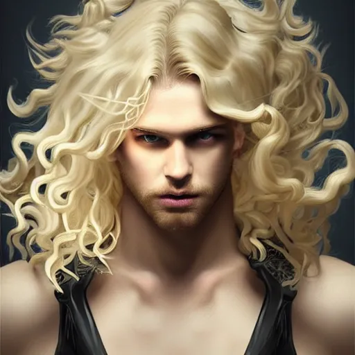 Prompt: digital art of a pale menacing male Cyborg Angel of Battle with fluffy blond curls of hair and piercing eyes, central composition, blond fringe over forehead, Center parted fringe, Center parted bangs, he commands the fiery power of resonance and wrath, very very long blond curly hair, baroque curls, by WLOP, Artstation, CGsociety