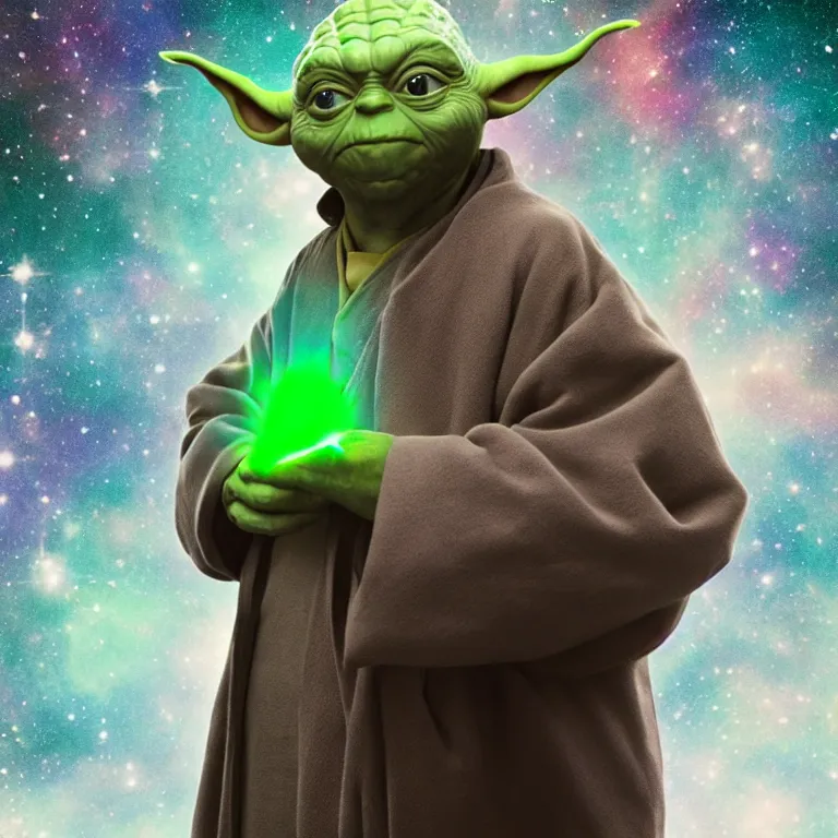 Image similar to a george costanza and yoda hybrid from star wars, high quality portrait photoshoot, bokeh, studio lighting, high fashion photoshoot, nebula space background, 8 k