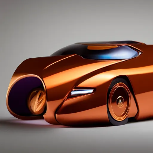 Image similar to award winning product photography, 3 5 mm lens, of a glossy orange metallic and shiny purple metallic shiny ergonomic hololens in style of a bugatti cheyvron, studio lighting,