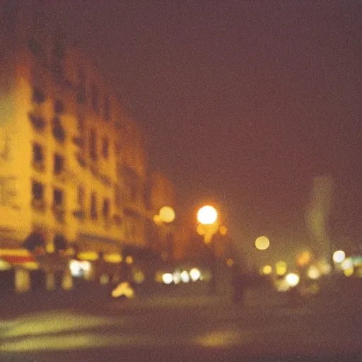 Image similar to close up kodak portra 4 0 0 photograph of future street old russian cosmos city, moody lighting, telephoto, blurry background, faded