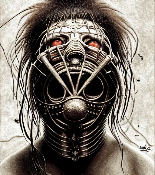 Image similar to portrait of a slipknot band with heightened detail, poised, intense emotion, detailed facial expression, detailed surroundings, intricate, elegant, highly detailed, centered, digital painting, artstation, concept art, smooth, sharp focus, illustration, by ( leonardo da vinci ), wlop