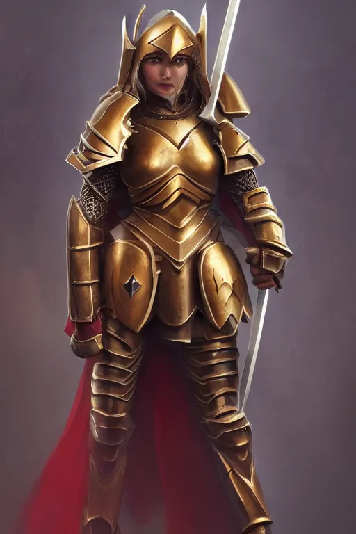 Prompt: gorgeous female Paladin, beautiful face, mace and shield, dark golden hair, White and red armor, crusade, trending on Artstation artstationHD, artstationHQ, cgsociety, extremely detailed, low fantasy, matte painting, important: No extra limbs