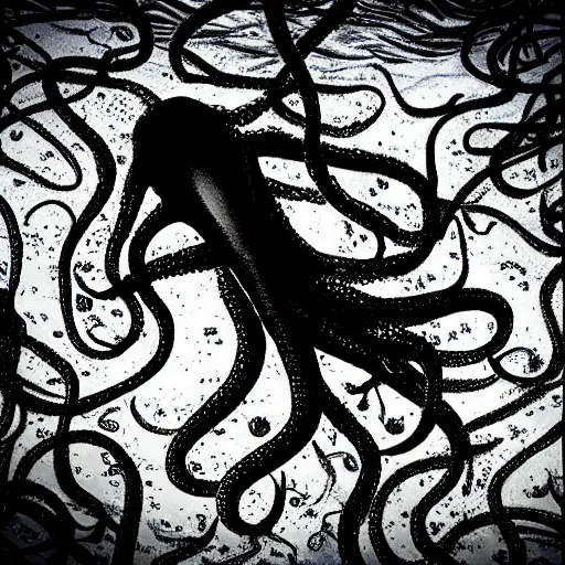 Image similar to “a swarm of black tentacles underwater, underwater nature photography, anime style, deep water, abyss, horror”