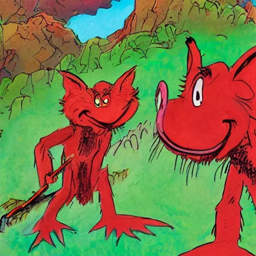 Image similar to Professional art, a stunning illustration of red goblins on a mountainside illustrated by Dr Suess