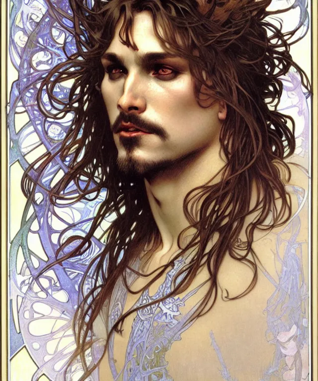 Prompt: realistic detailed face portrait of a male werewolf by alphonse mucha, ayami kojima, amano, greg hildebrandt, and mark brooks, male, masculine, art nouveau, neo - gothic, gothic, character concept design