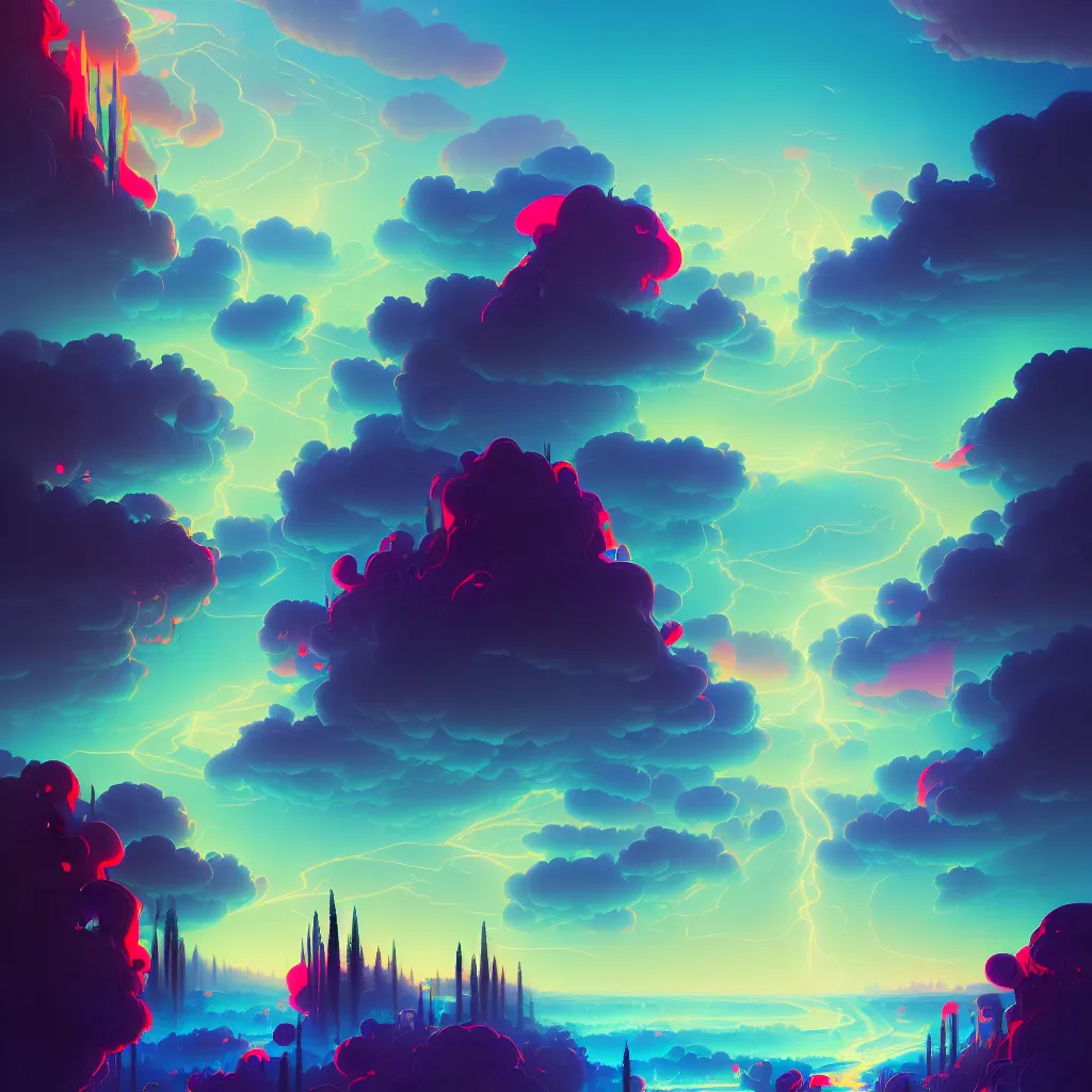 Image similar to a data-center, connector, firewall, cloud, security, river, trees, thunderstorm, trending on Artstation, painting by Jules Julien, Leslie David and Lisa Frank and Peter Mohrbacher and Alena Aenami and Dave LaChapelle muted colors with minimalism